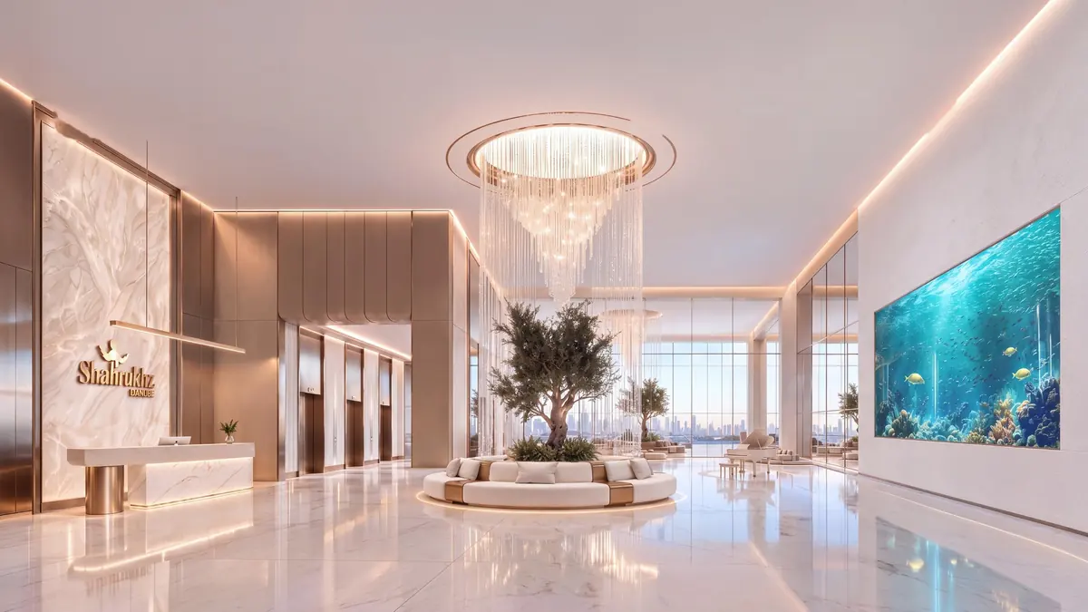 Residents lobby with a chandelier and an aquarium wall